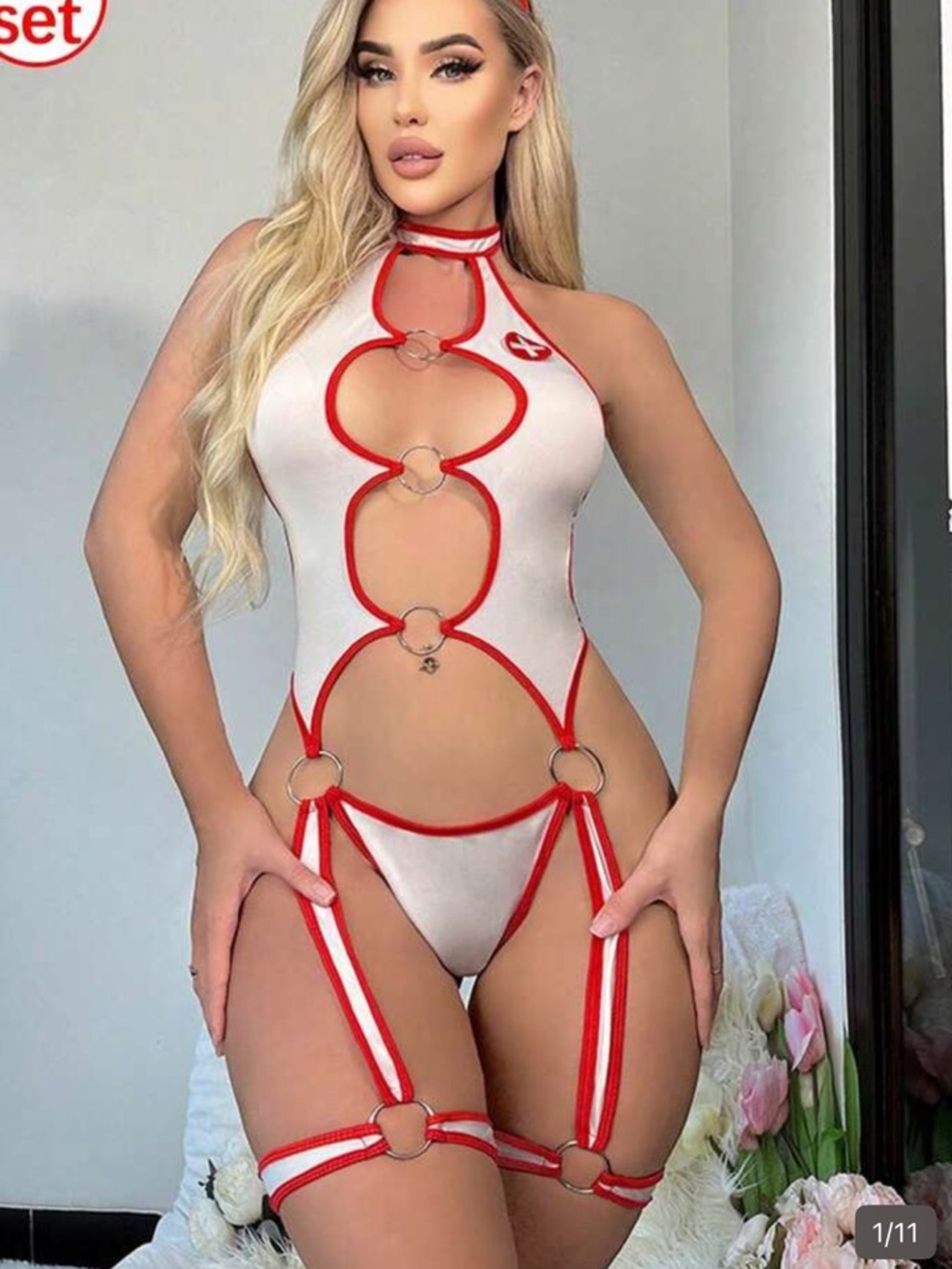 Nurse Red-Trim White Cutout One-Piece Lingerie Bodysuit